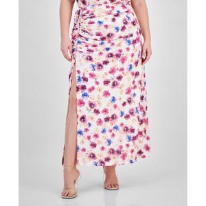 Plus Size Printed Ruched Slit-Front Mesh Maxi Skirt